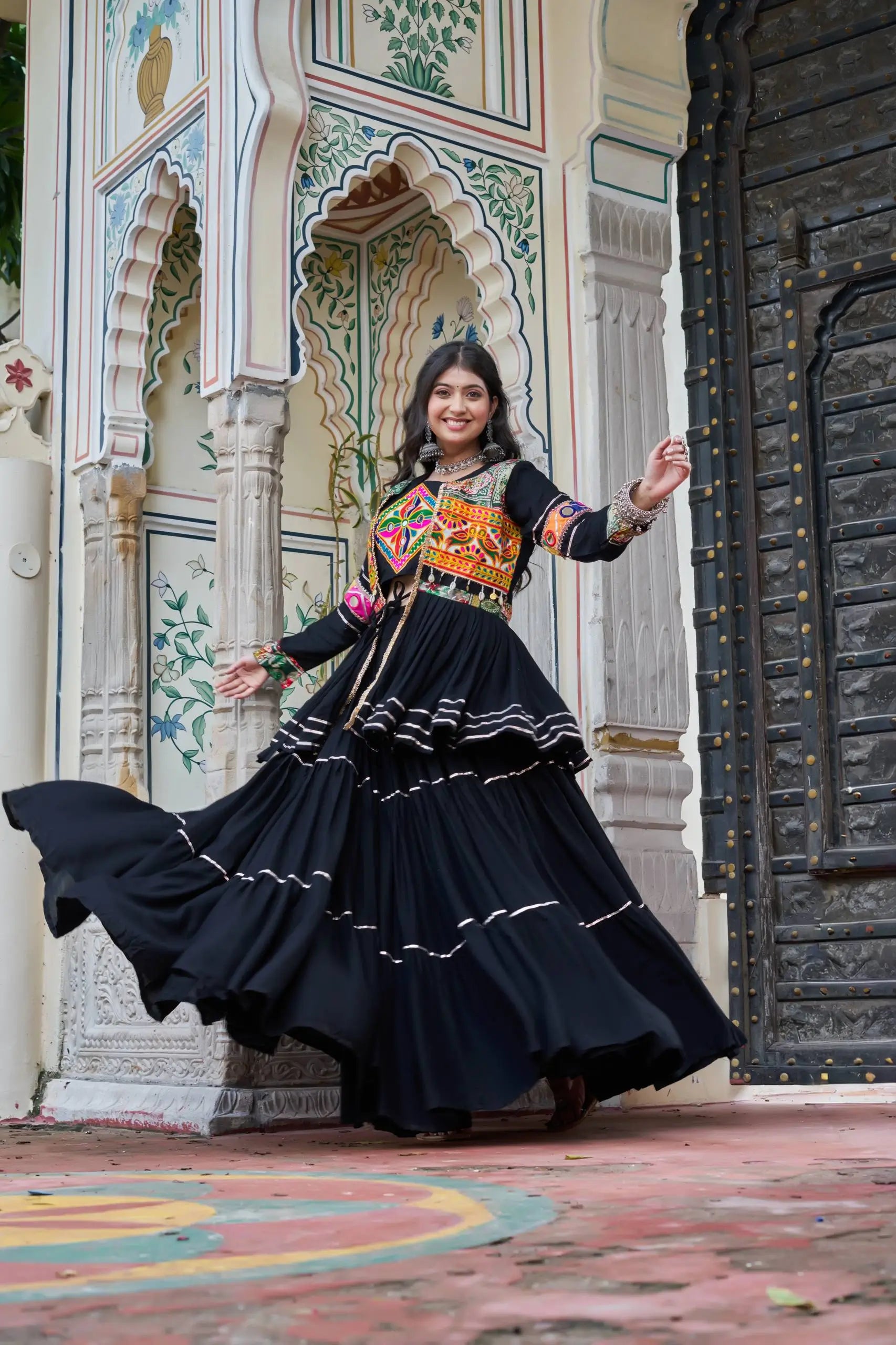 Multicolor Gamthi Work Cotton Lehenga Choli with Koti for Navratri and Festive Wear