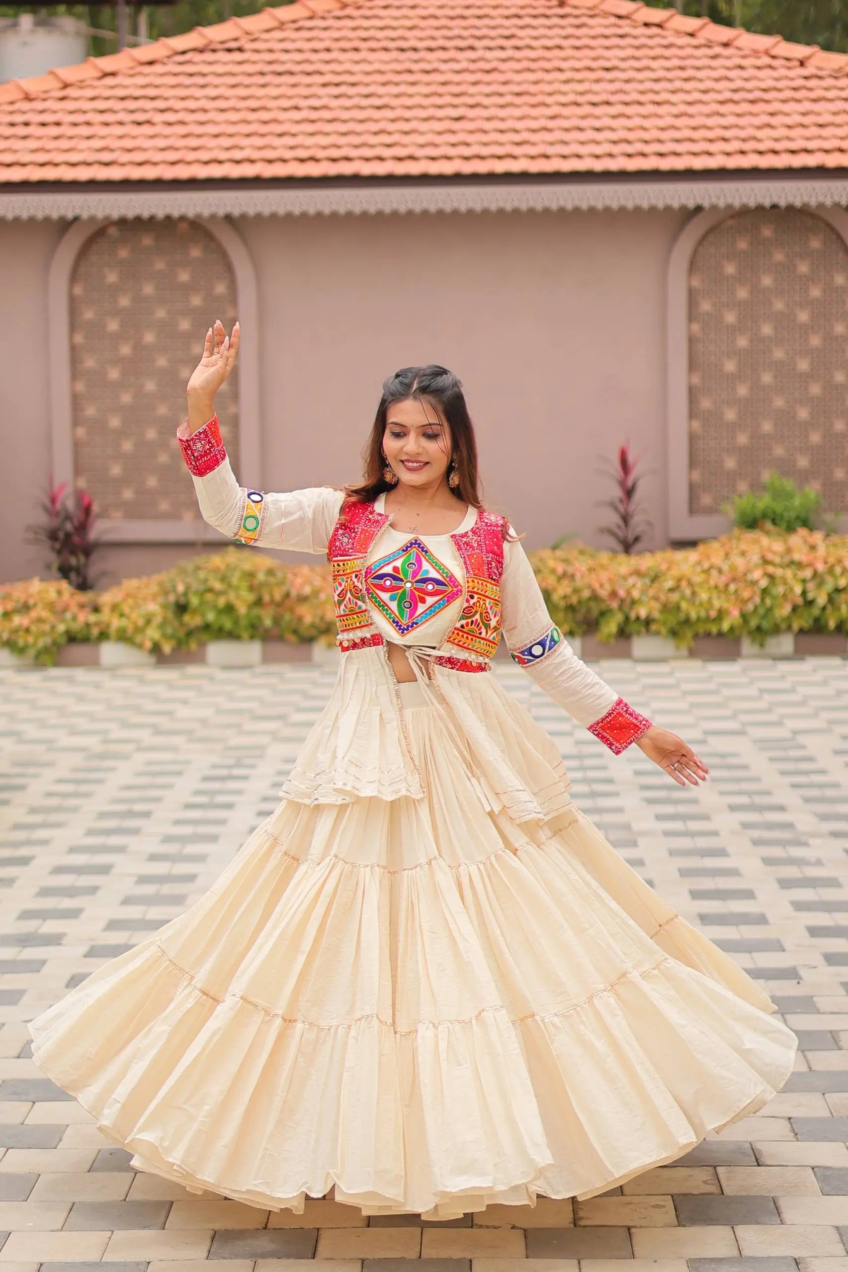 Multicolor Gamthi Work Cotton Lehenga Choli with Koti for Navratri and Festive Wear