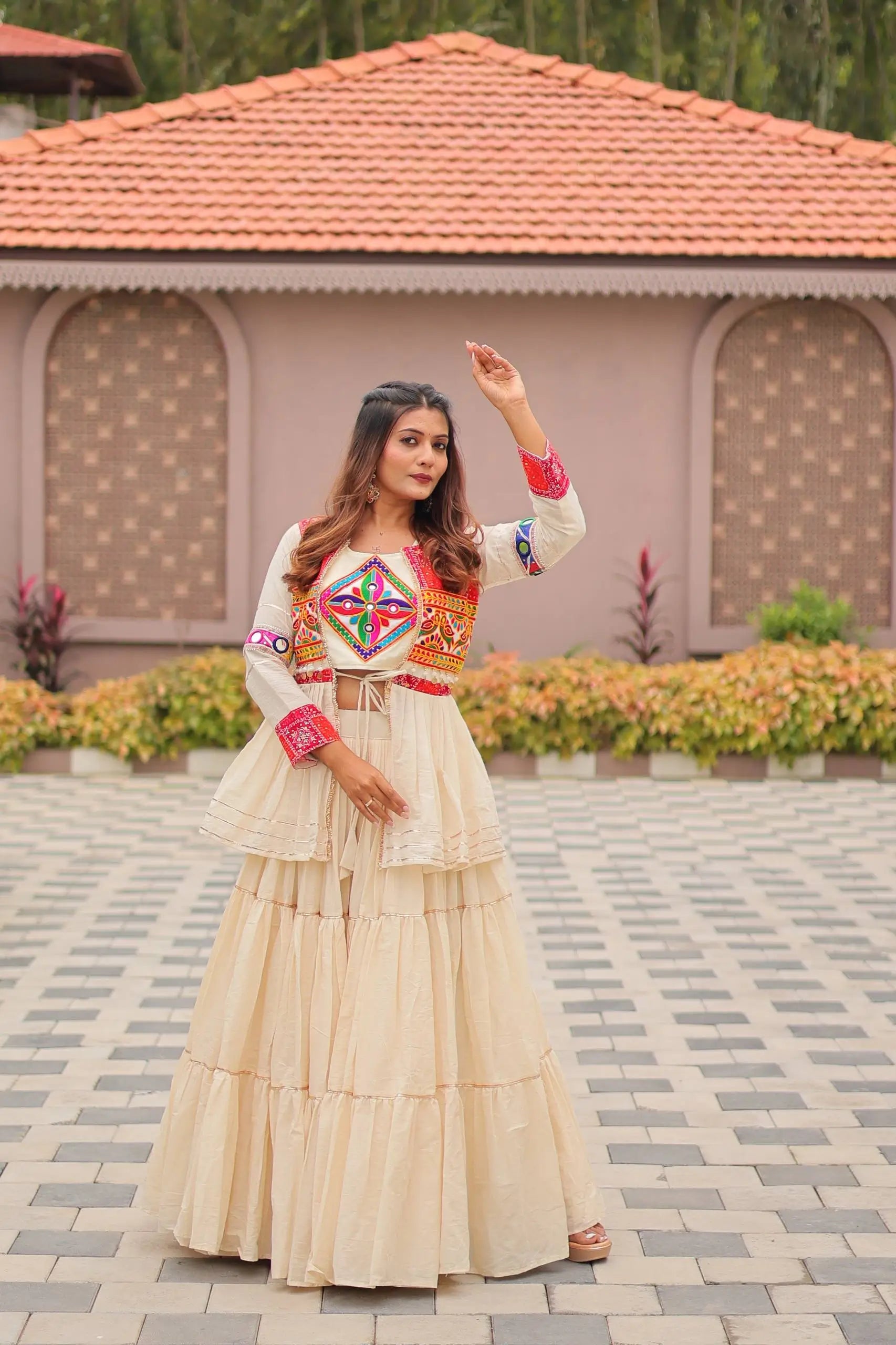 Multicolor Gamthi Work Cotton Lehenga Choli with Koti for Navratri and Festive Wear
