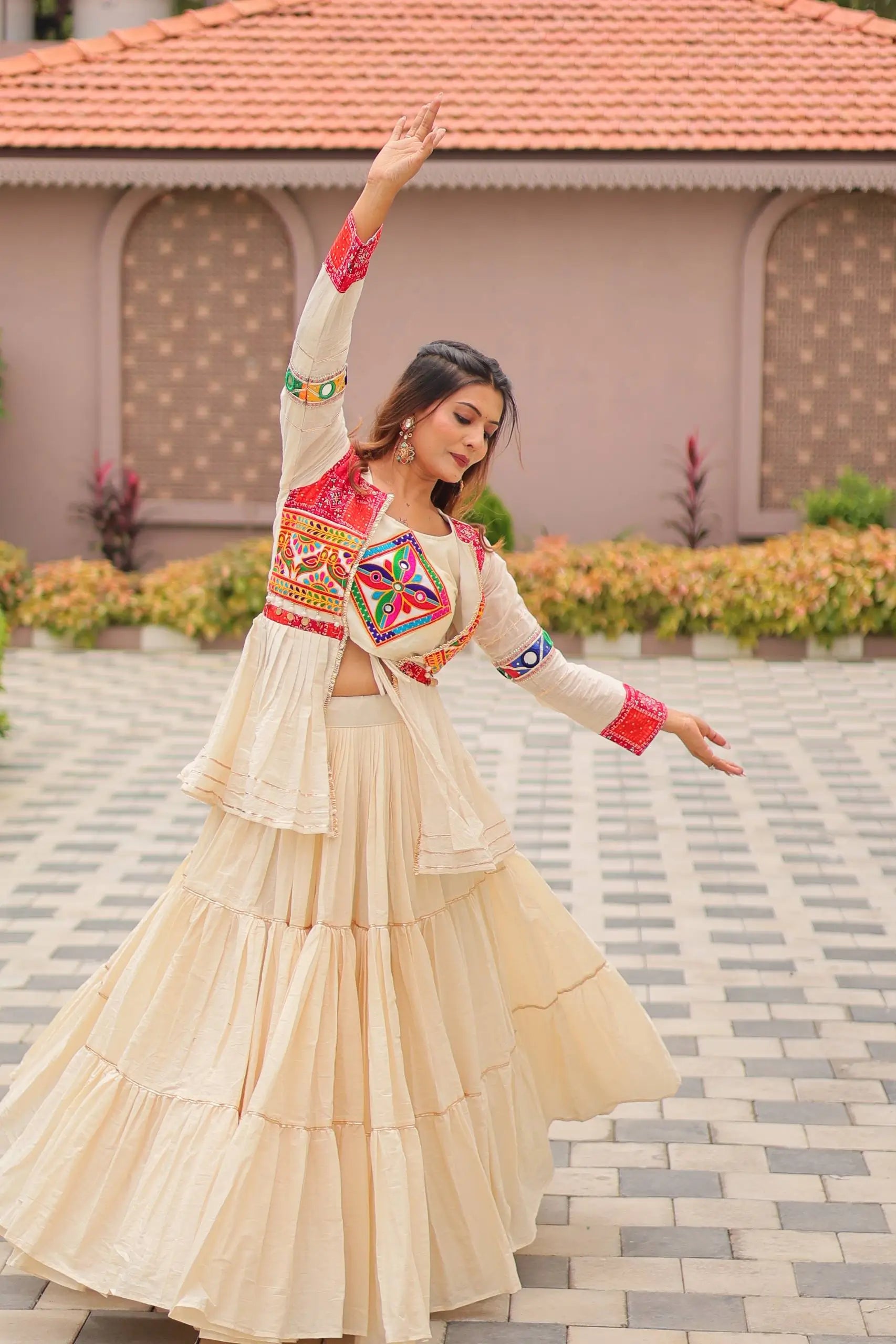 Multicolor Gamthi Work Cotton Lehenga Choli with Koti for Navratri and Festive Wear