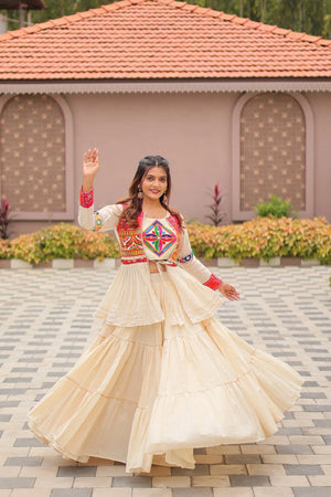 Multicolor Gamthi Work Cotton Lehenga Choli with Koti for Navratri and Festive Wear