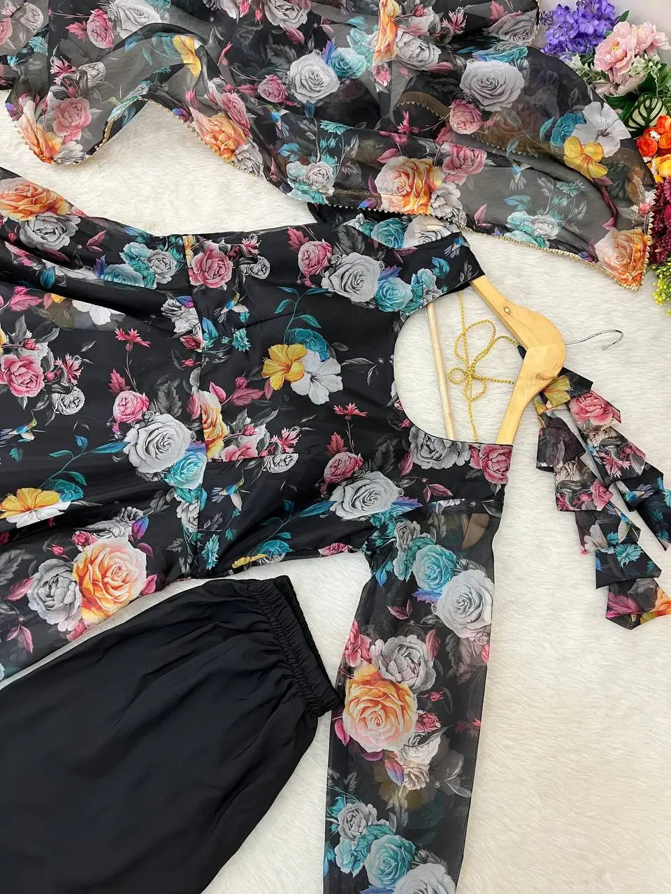 Multicolor Organza Taby Silk Digital Print Anarkali Set with Dupatta