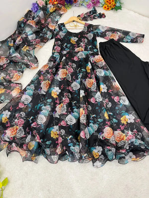 Multicolor Organza Taby Silk Digital Print Anarkali Set with Dupatta