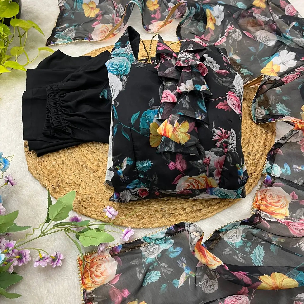 Multicolor Organza Taby Silk Digital Print Anarkali Set with Dupatta