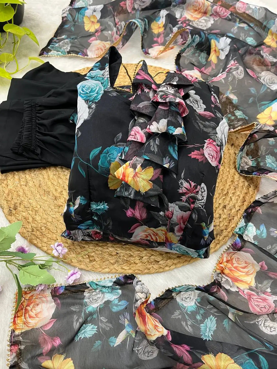 Multicolor Organza Taby Silk Digital Print Anarkali Set with Dupatta