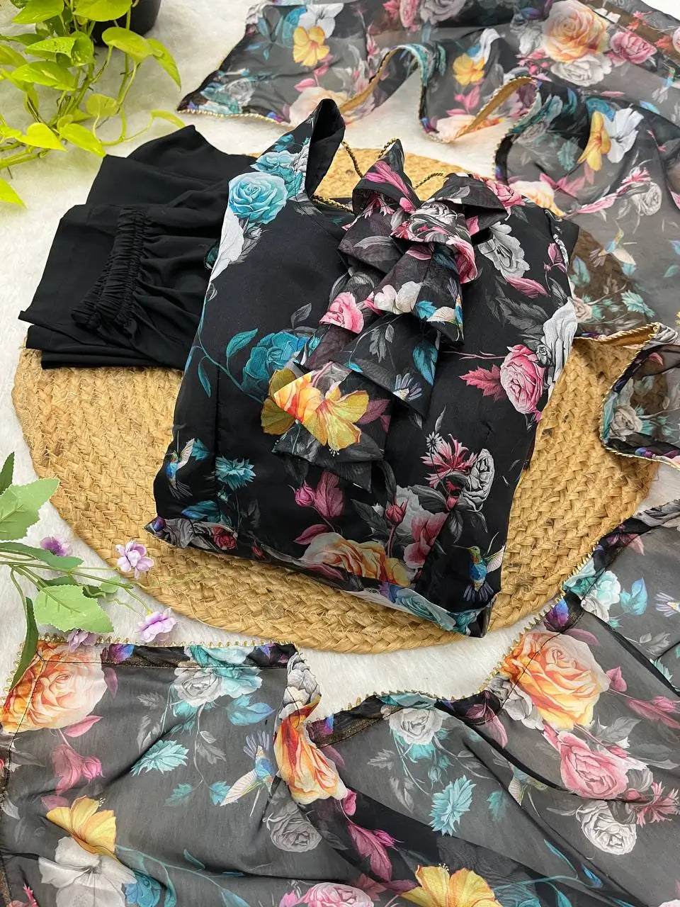 Multicolor Organza Taby Silk Digital Print Anarkali Set with Dupatta