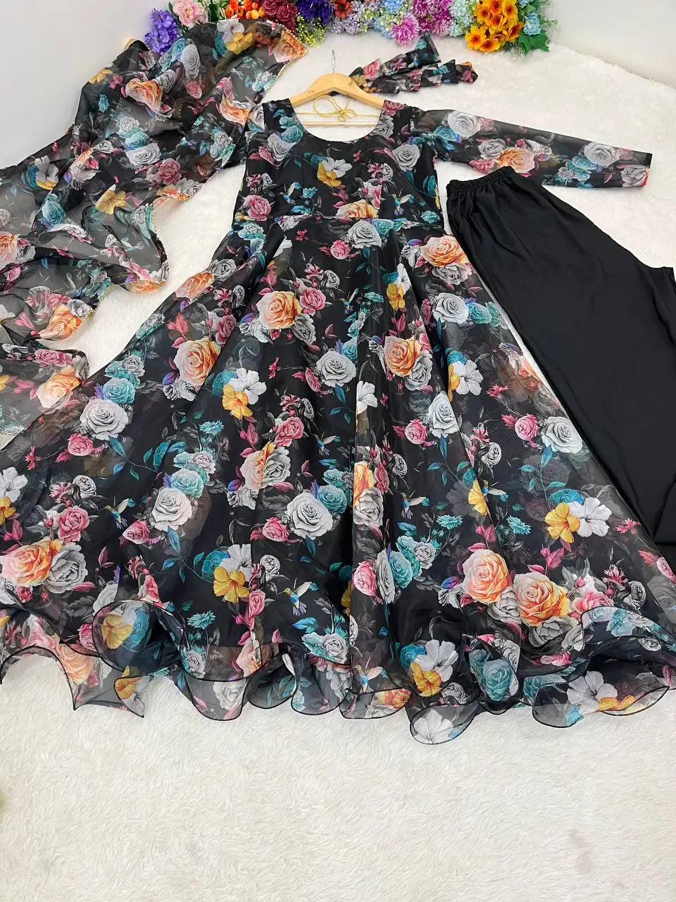 Multicolor Organza Taby Silk Digital Print Anarkali Set with Dupatta