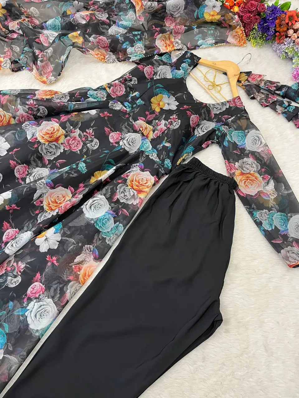 Multicolor Organza Taby Silk Digital Print Anarkali Set with Dupatta