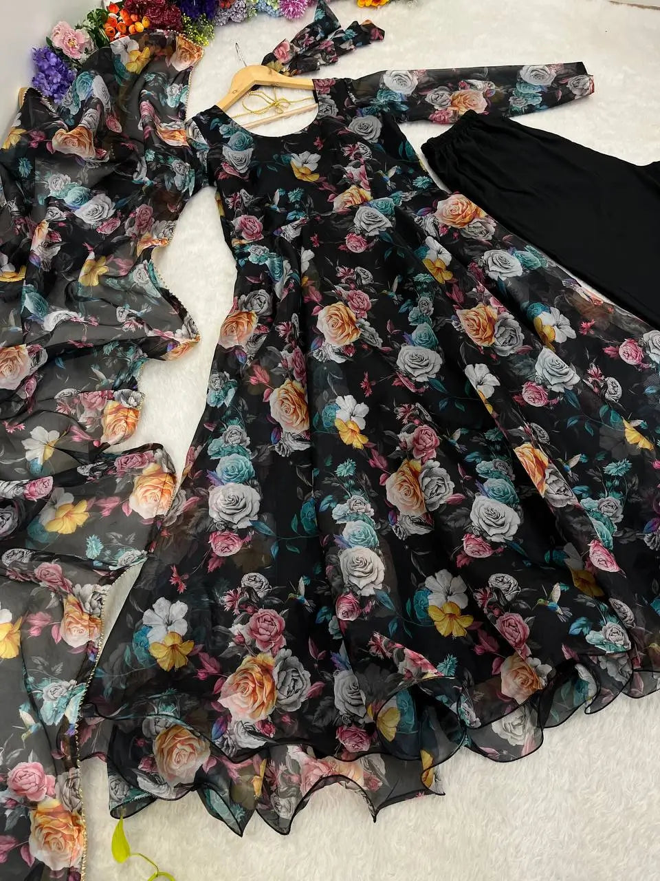 Multicolor Organza Taby Silk Digital Print Anarkali Set with Dupatta