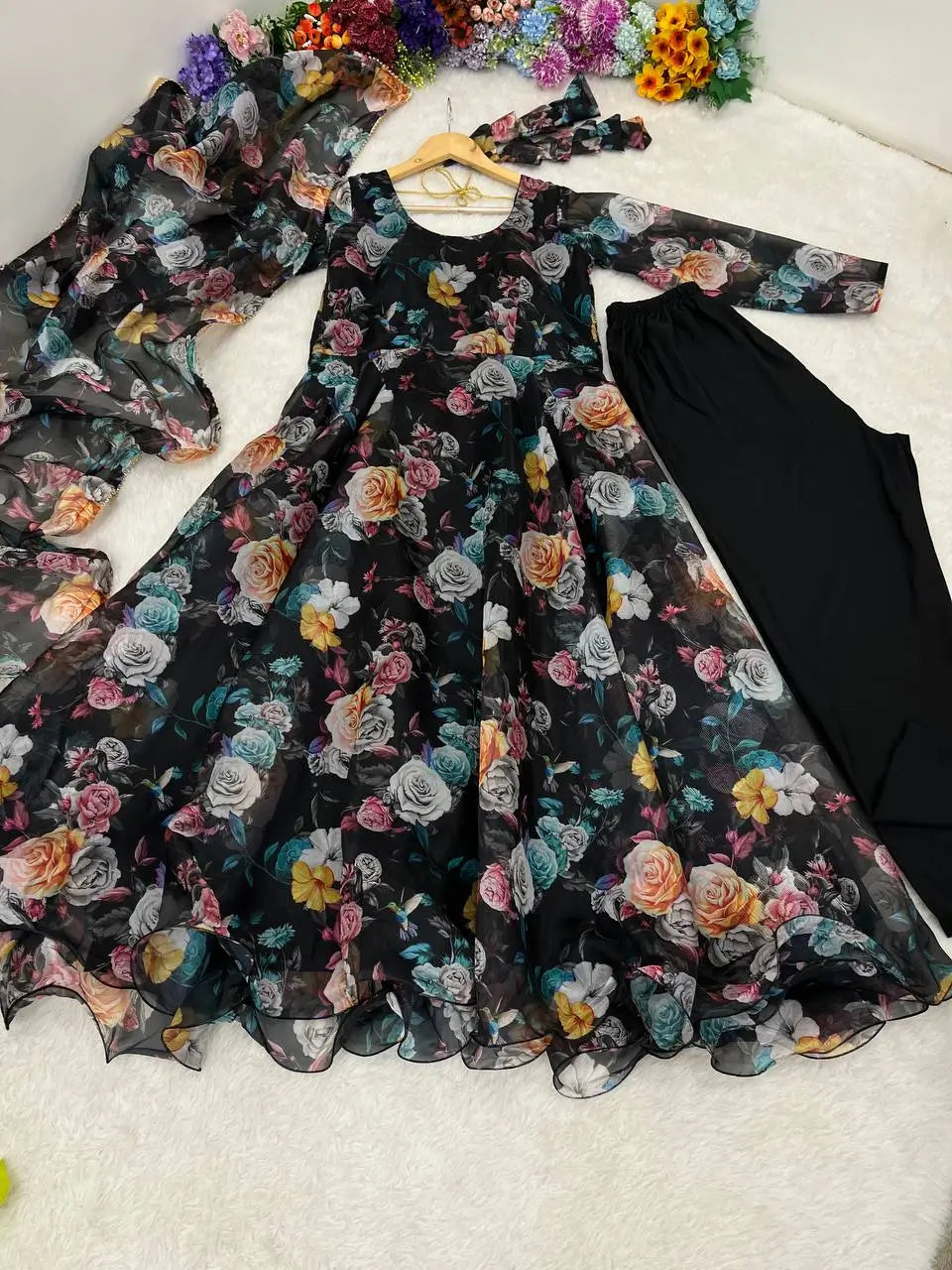 Multicolor Organza Taby Silk Digital Print Anarkali Set with Dupatta