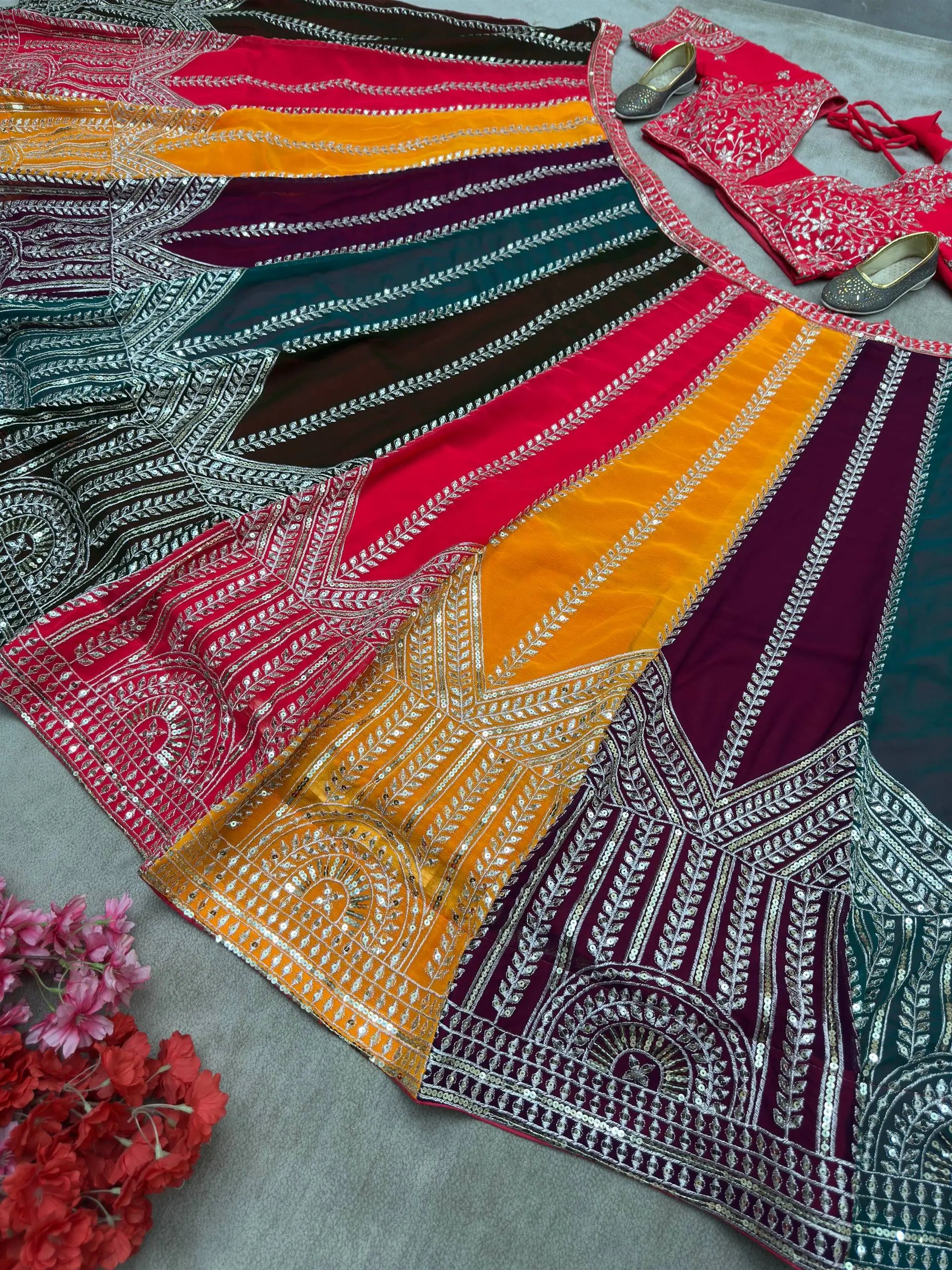 Multicolour Georgette Lehenga With Sequin Embroidery