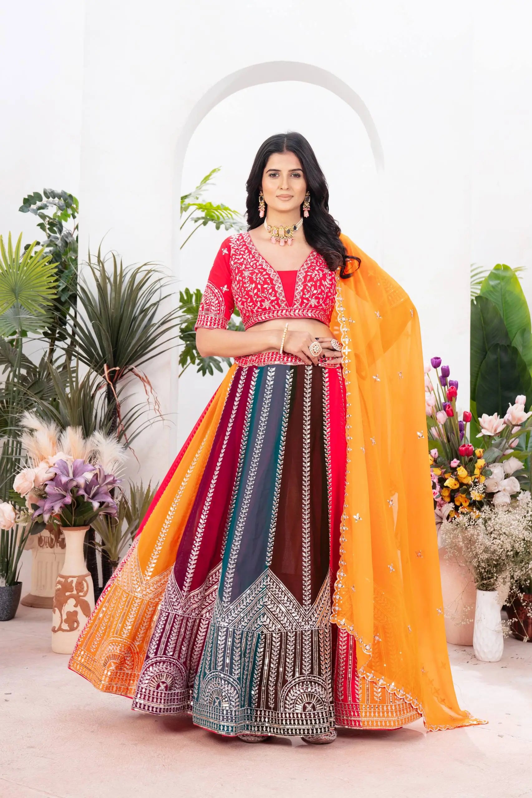Multicolour Georgette Lehenga With Sequin Embroidery