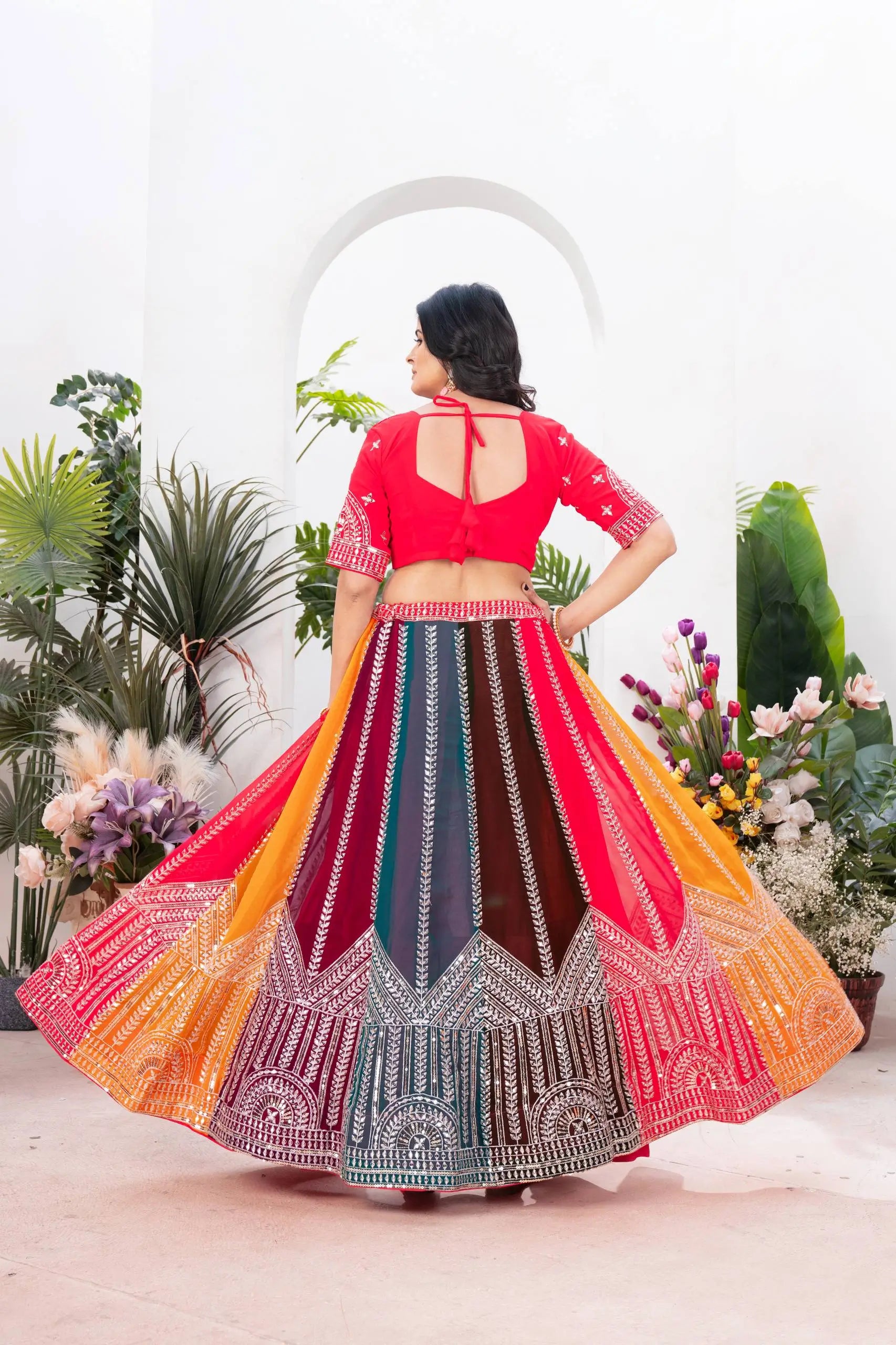 Multicolour Georgette Lehenga With Sequin Embroidery