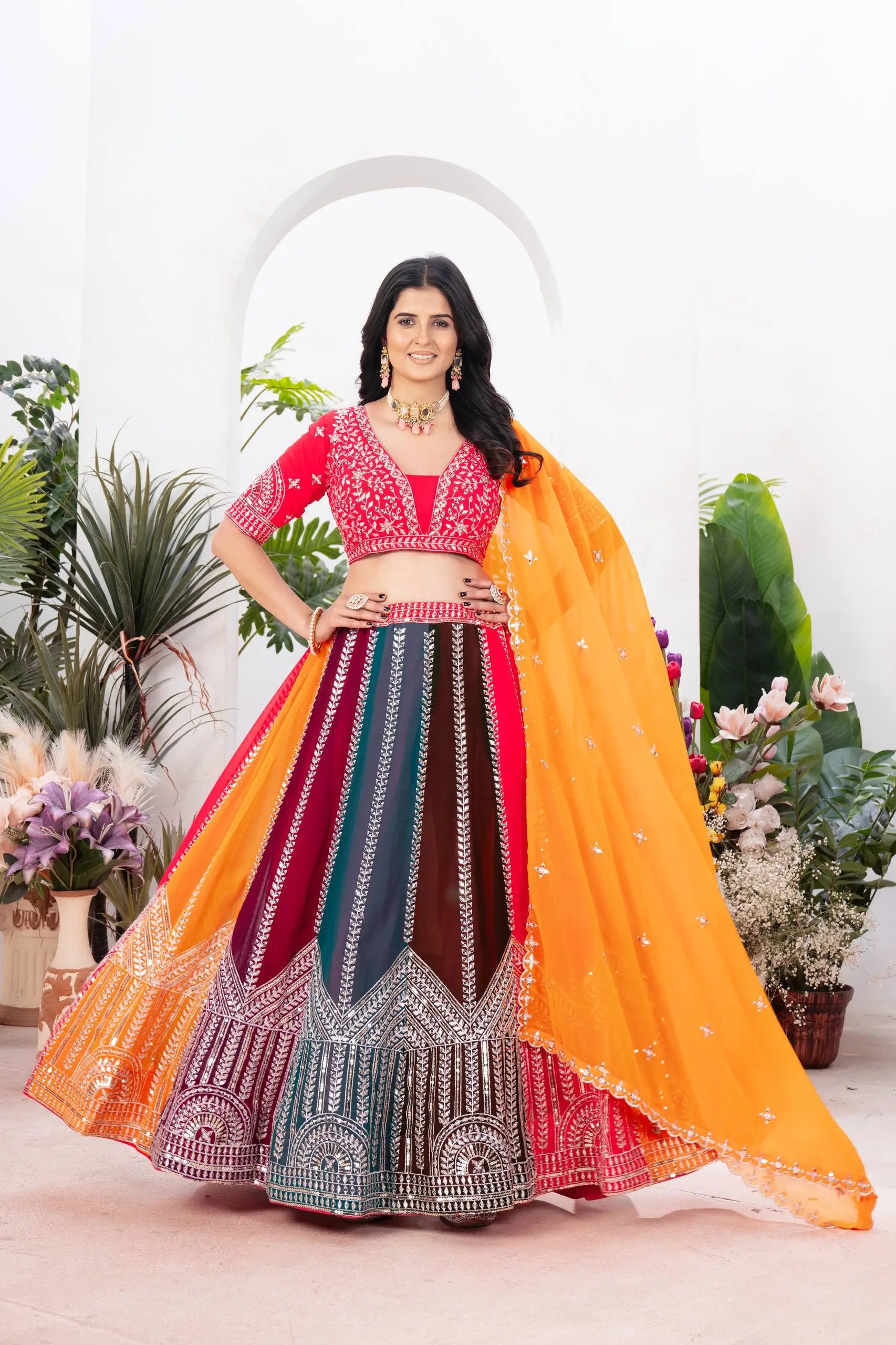 Multicolour Georgette Lehenga With Sequin Embroidery