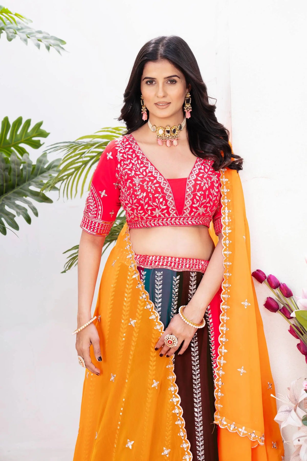 Multicolour Georgette Lehenga With Sequin Embroidery