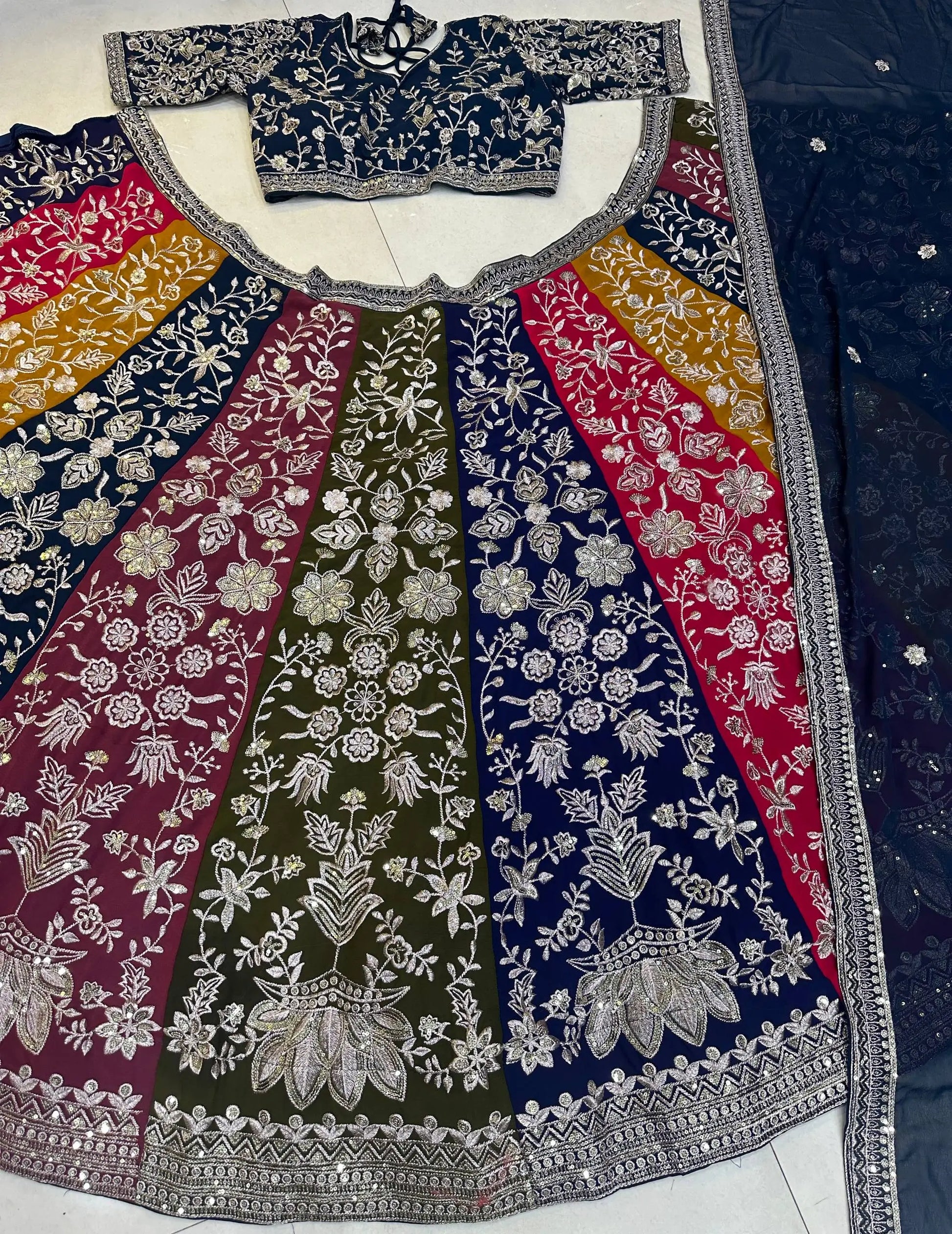 Multicolour Kali Lehenga With Heavy Zari Work