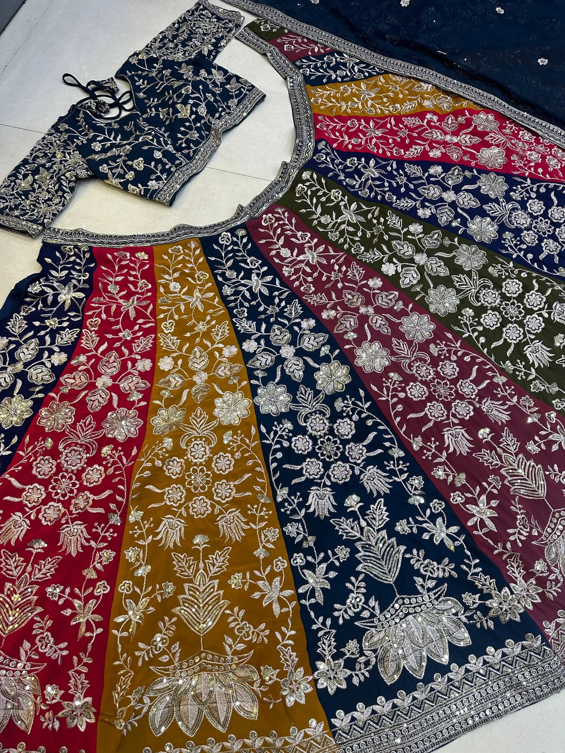 Multicolour Kali Lehenga With Heavy Zari Work