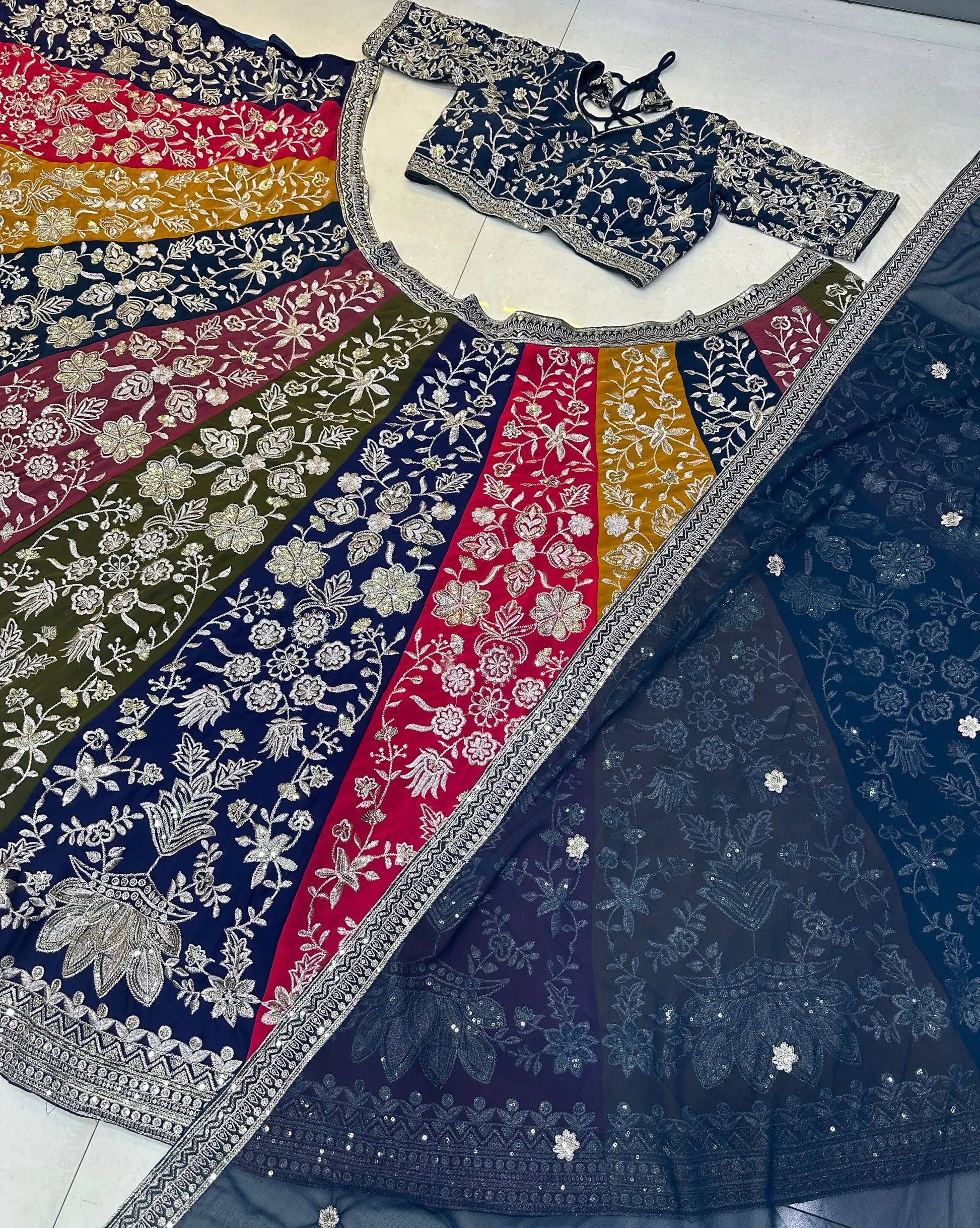 Multicolour Kali Lehenga With Heavy Zari Work