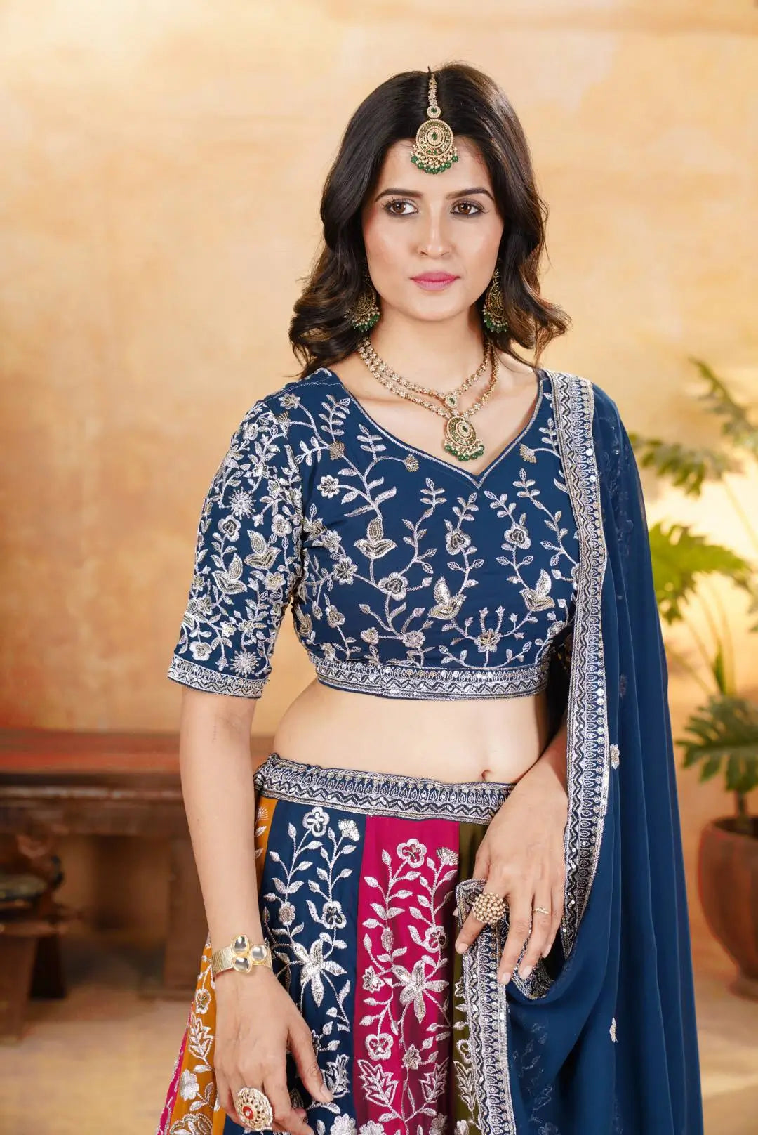 Multicolour Kali Lehenga With Heavy Zari Work