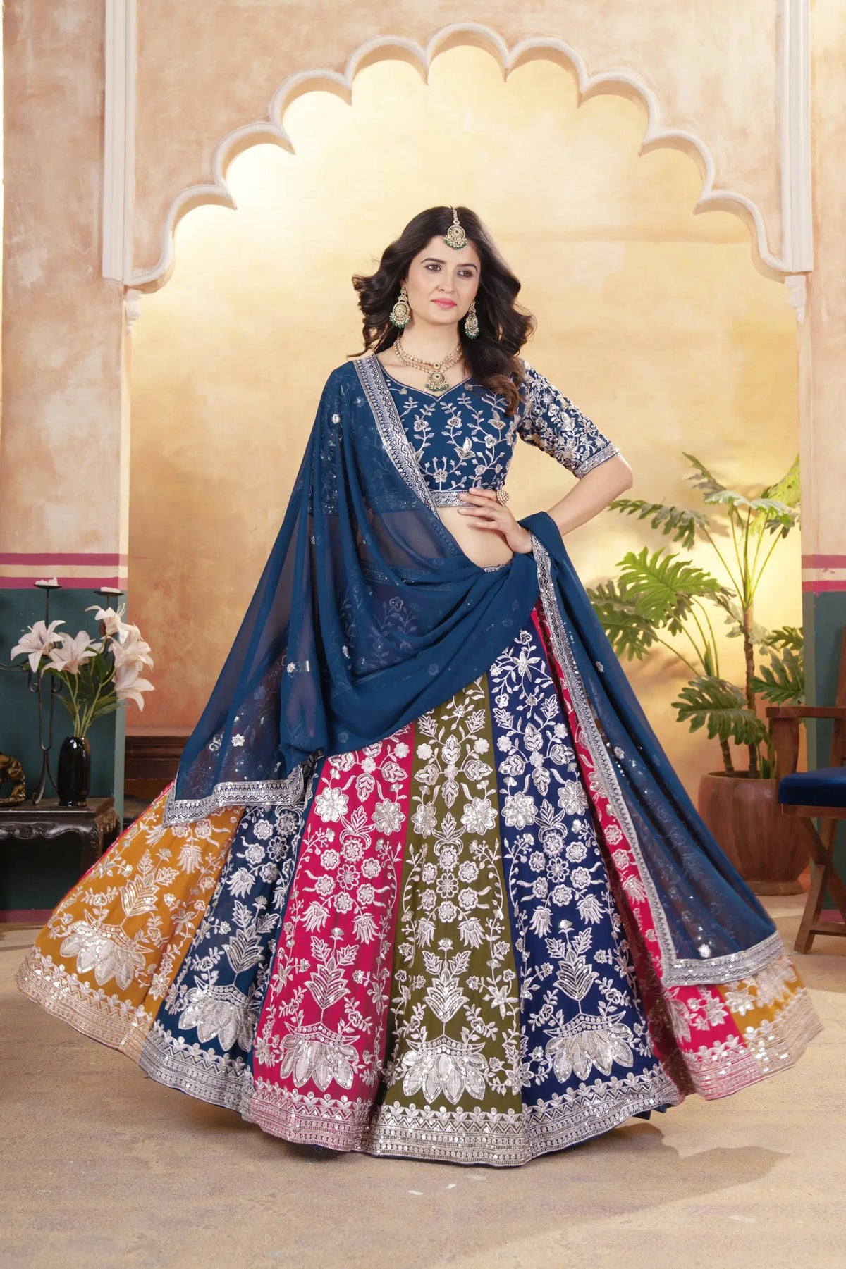 Multicolour Kali Lehenga With Heavy Zari Work