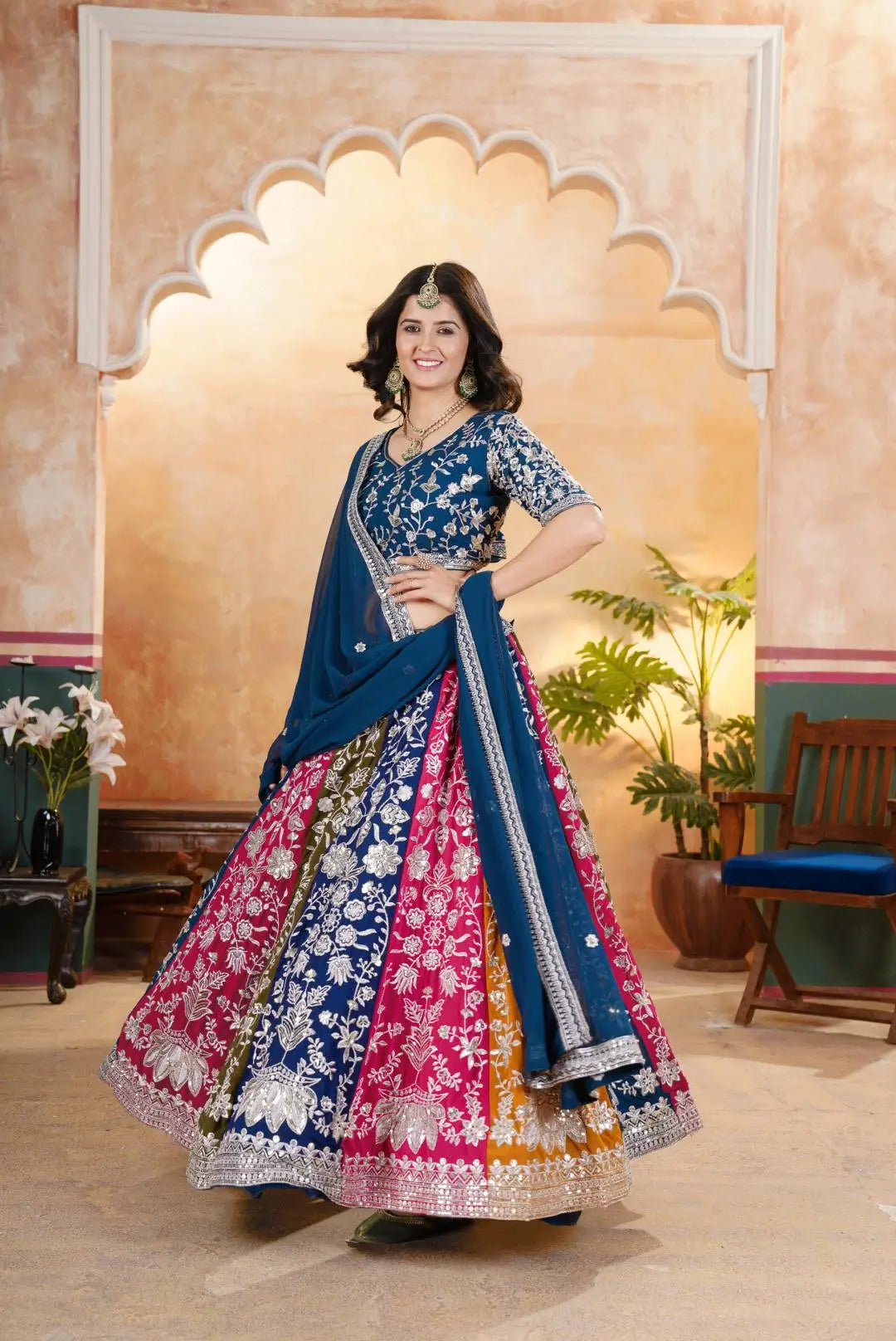 Multicolour Kali Lehenga With Heavy Zari Work