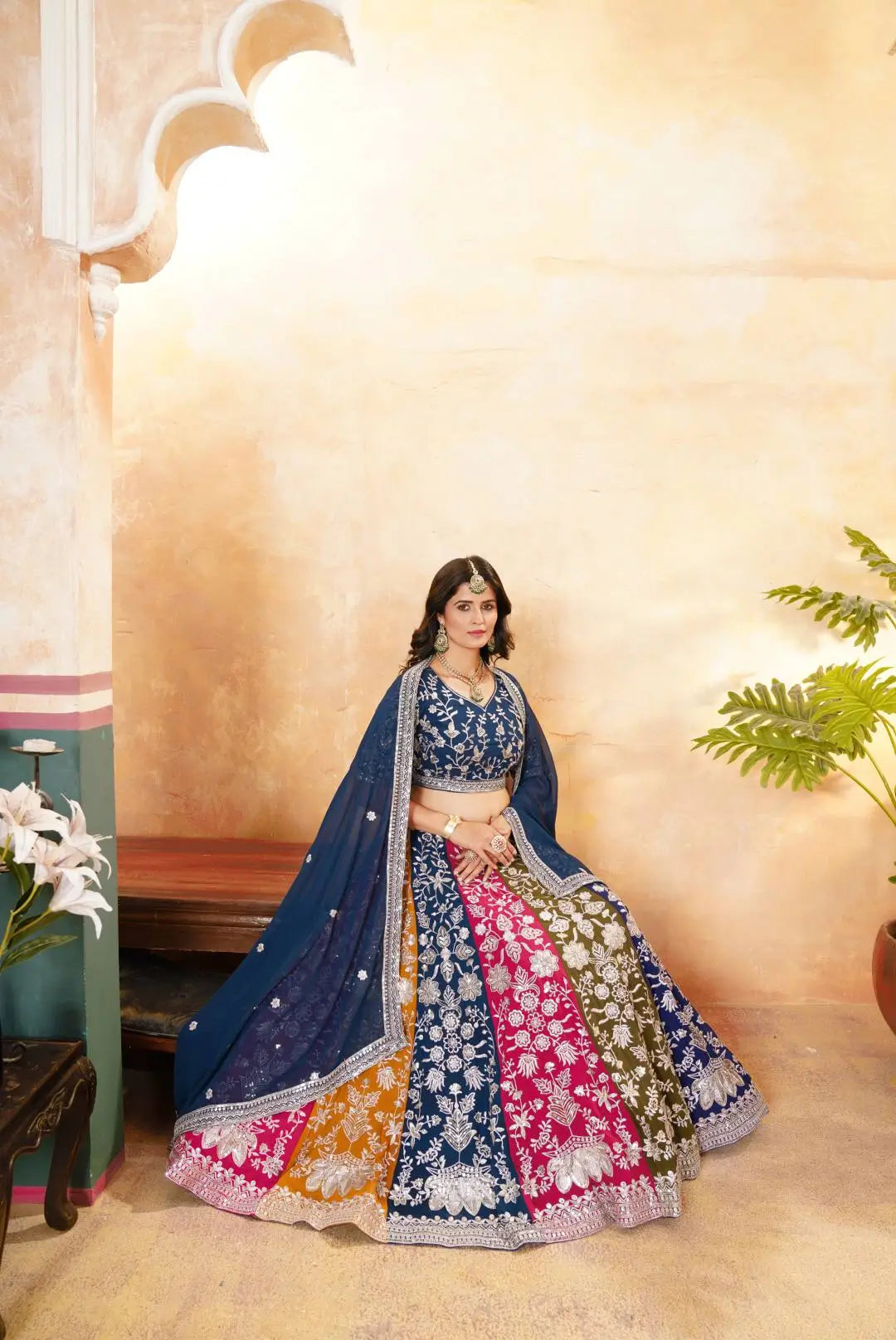 Multicolour Kali Lehenga With Heavy Zari Work