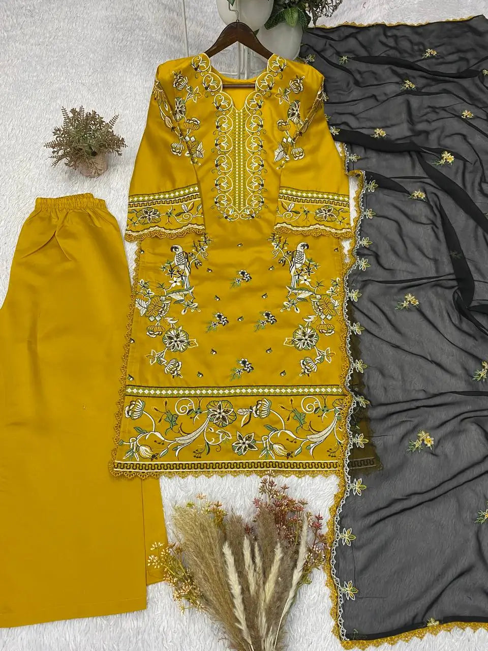 Mustard Bird Embroidered Kurti