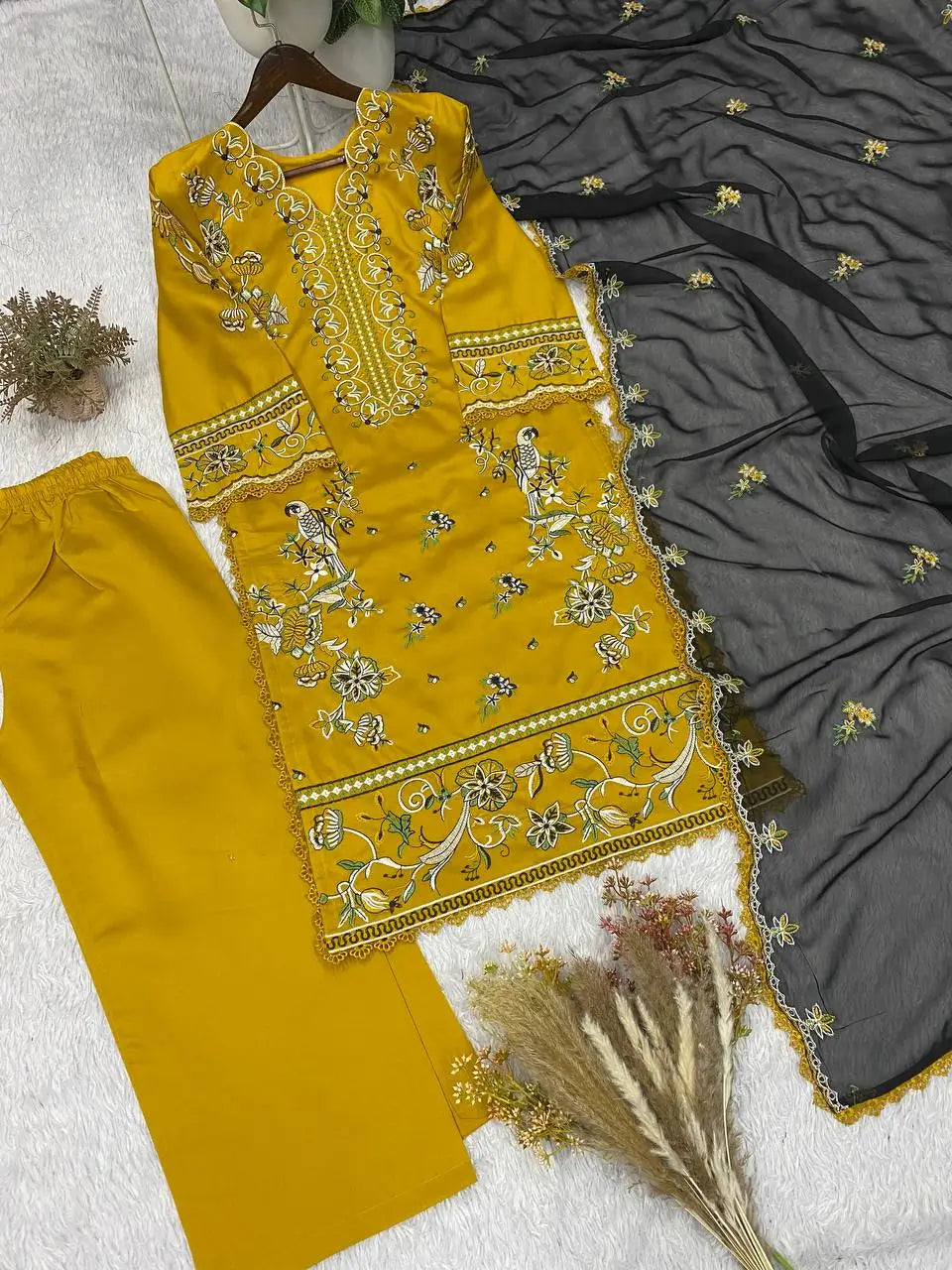Mustard Bird Embroidered Kurti