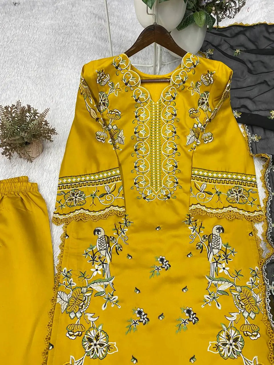 Mustard Bird Embroidered Kurti