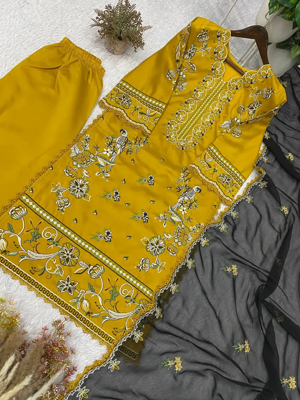 Mustard Bird Embroidered Kurti