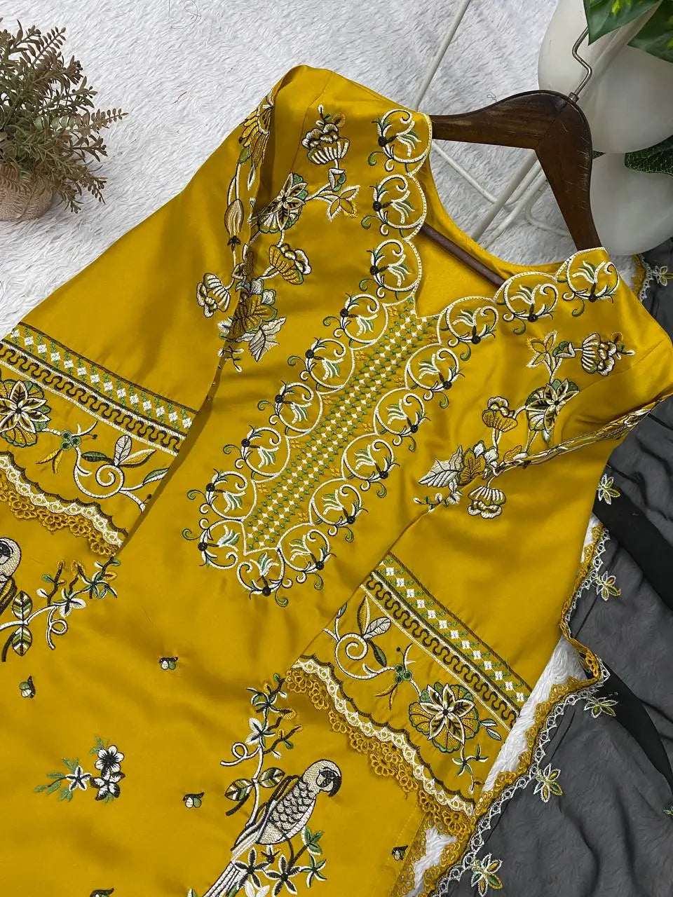 Mustard Bird Embroidered Kurti