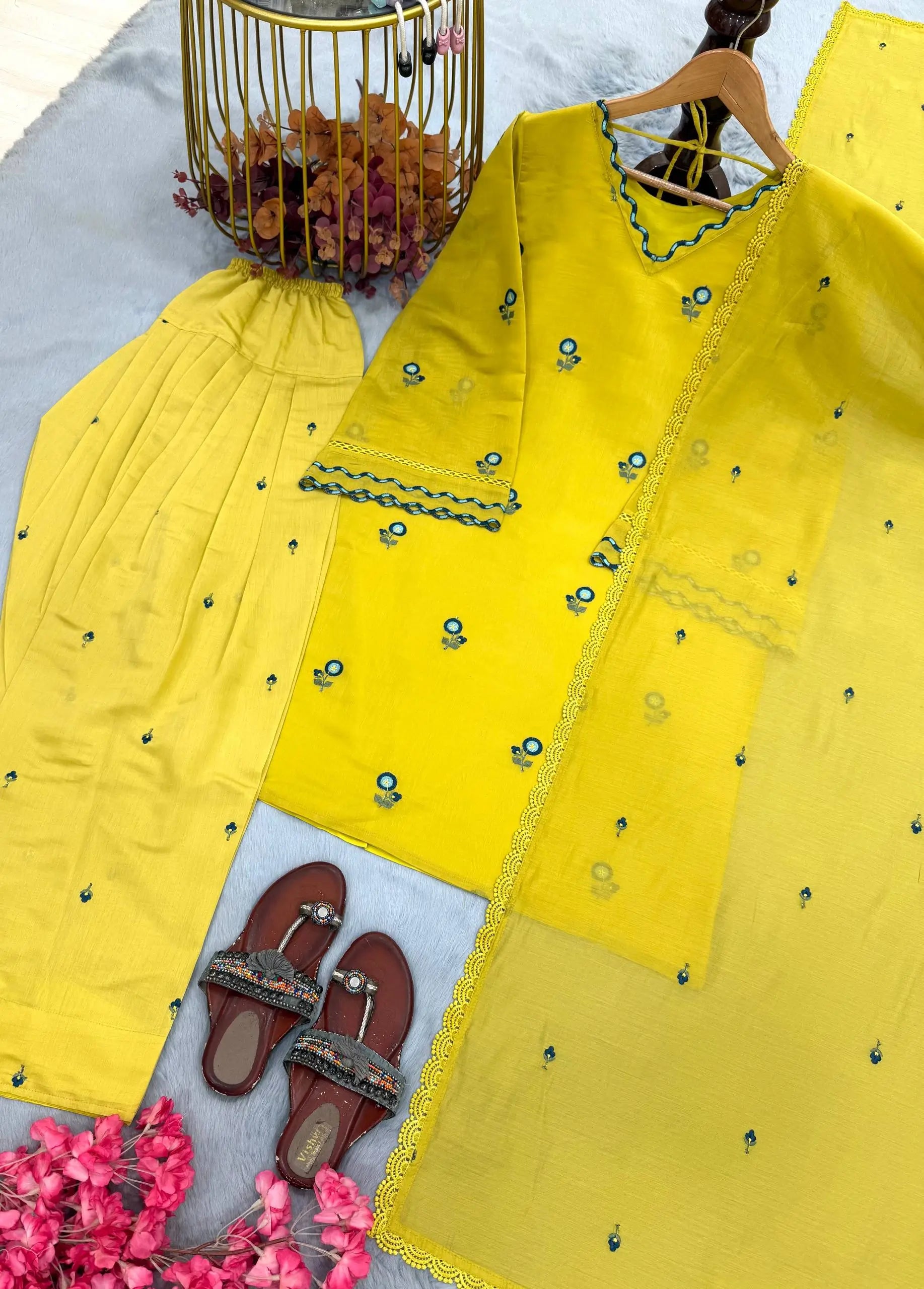 Mustard Chanderi Kurta Farshi Palazzo Set