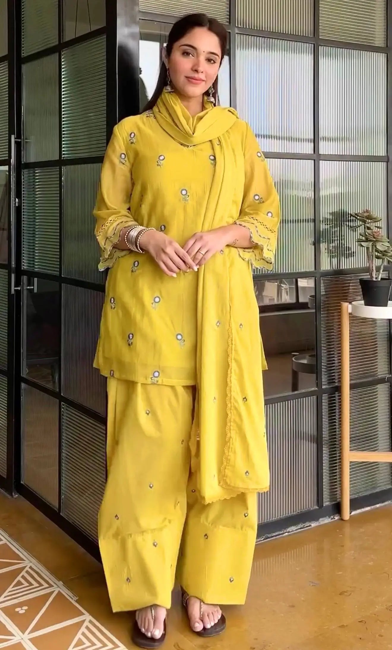 Mustard Chanderi Kurta Farshi Palazzo Set