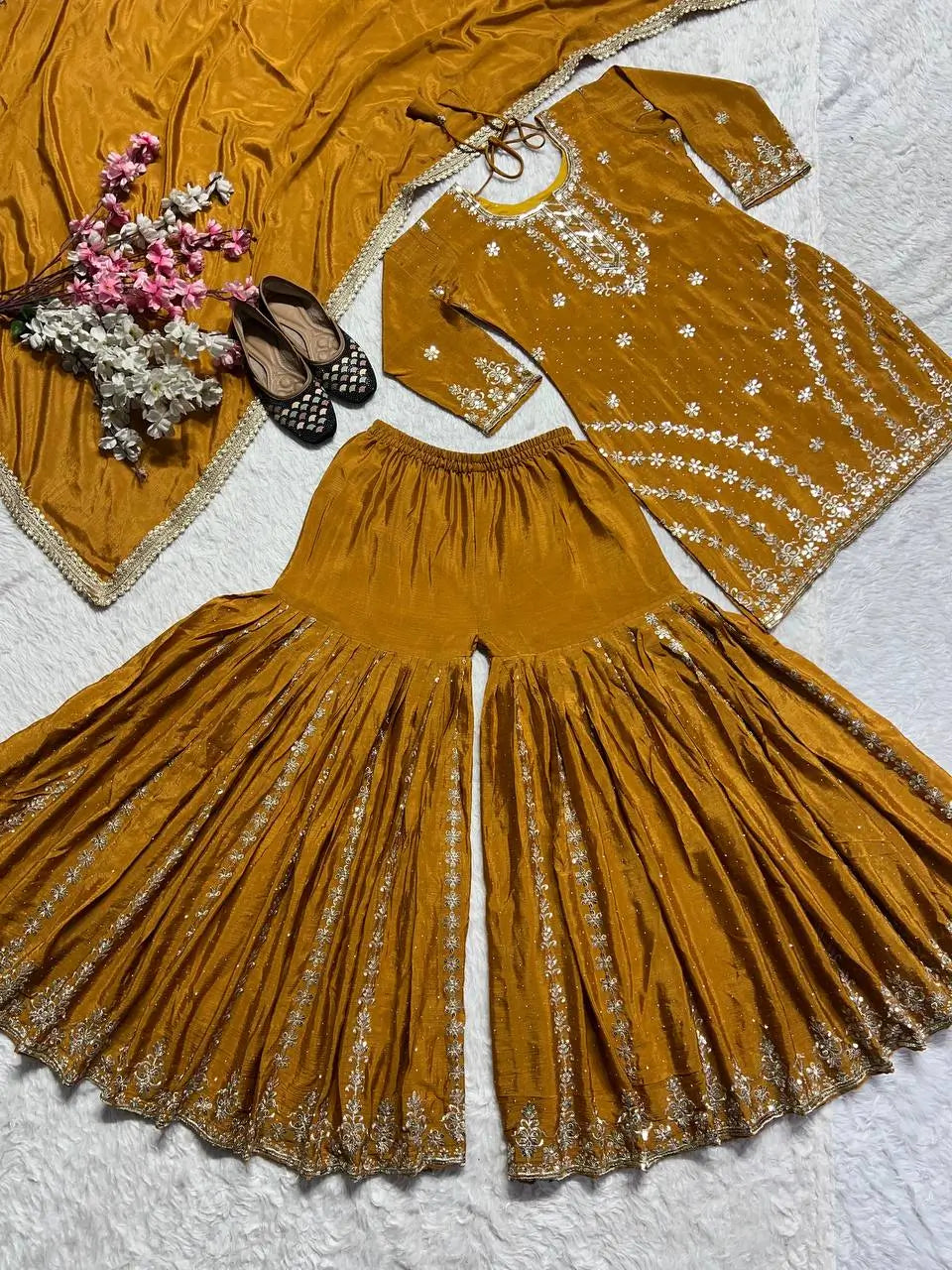 Mustard Chinnon Silk Embroidered Sharara Set