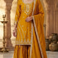 Mustard Chinnon Silk Embroidered Sharara Set