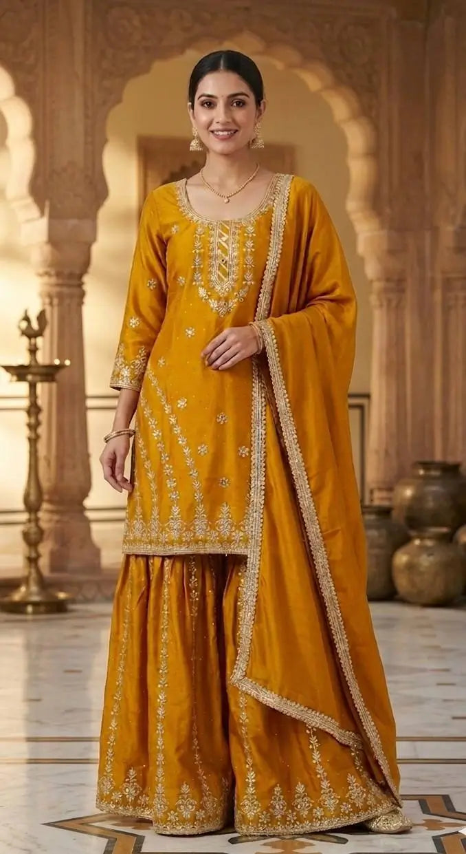 Mustard Chinnon Silk Embroidered Sharara Set