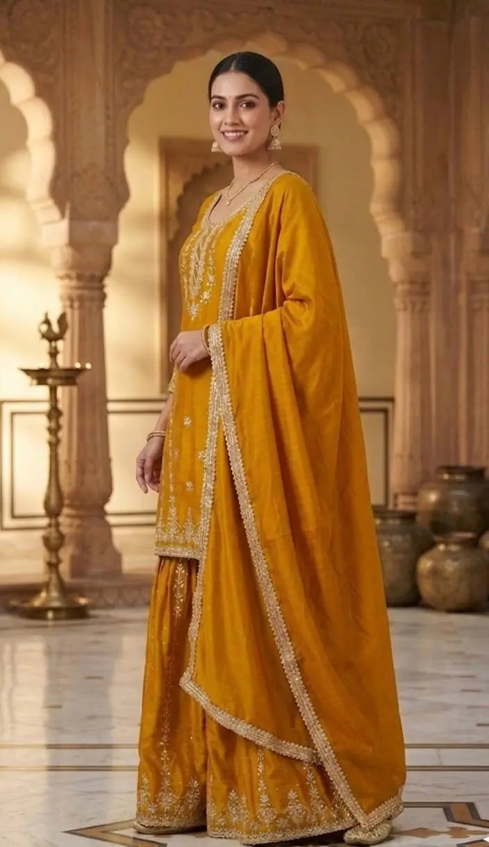 Mustard Chinnon Silk Embroidered Sharara Set