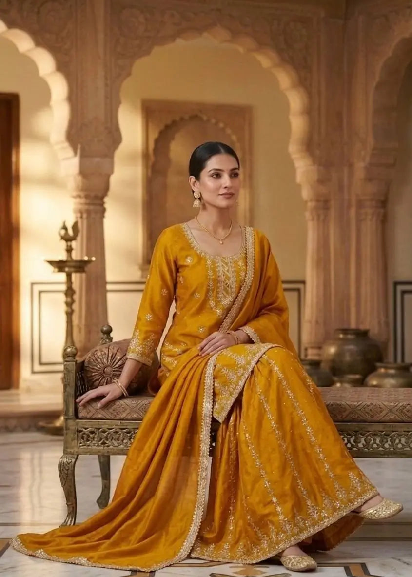 Mustard Chinnon Silk Embroidered Sharara Set