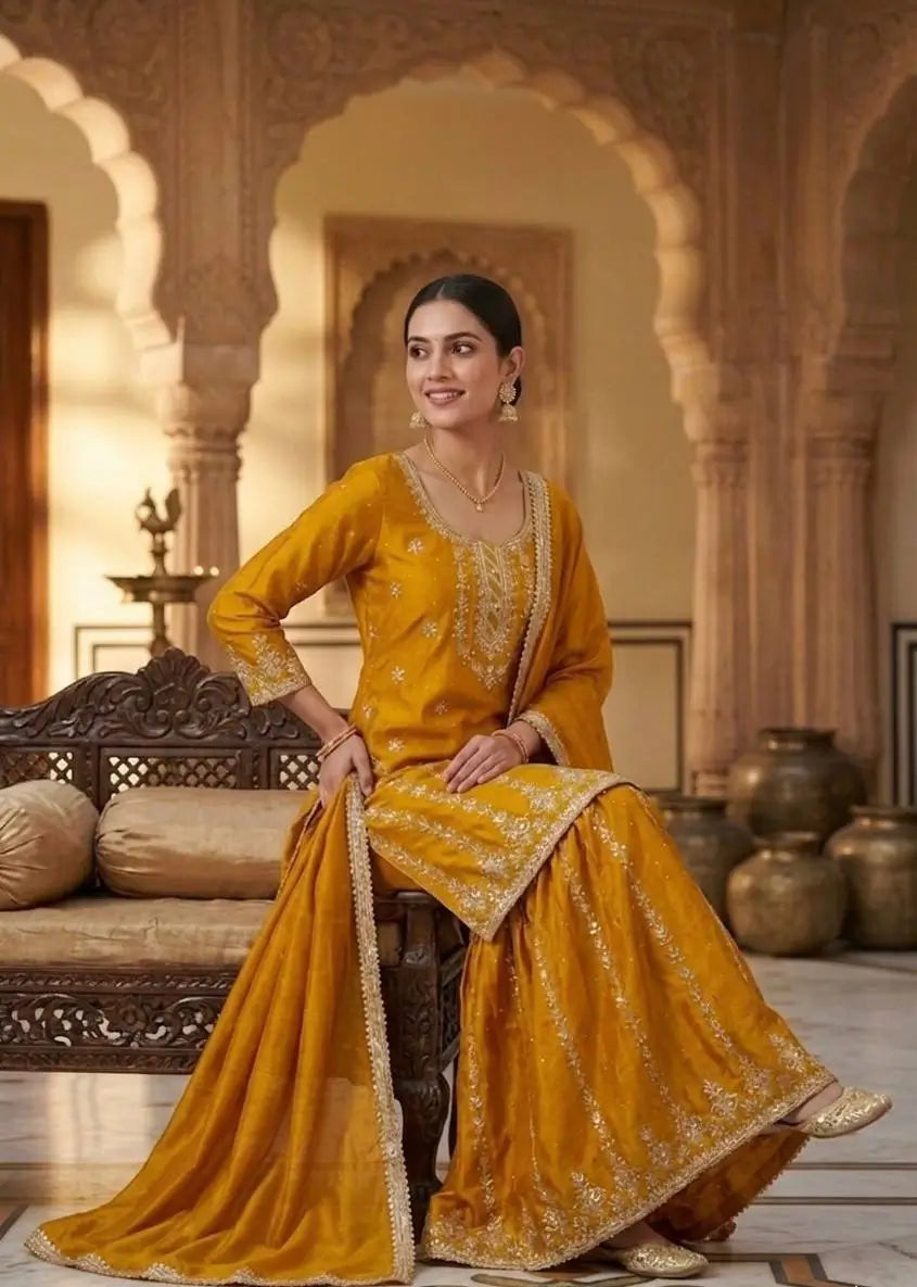 Mustard Chinnon Silk Embroidered Sharara Set