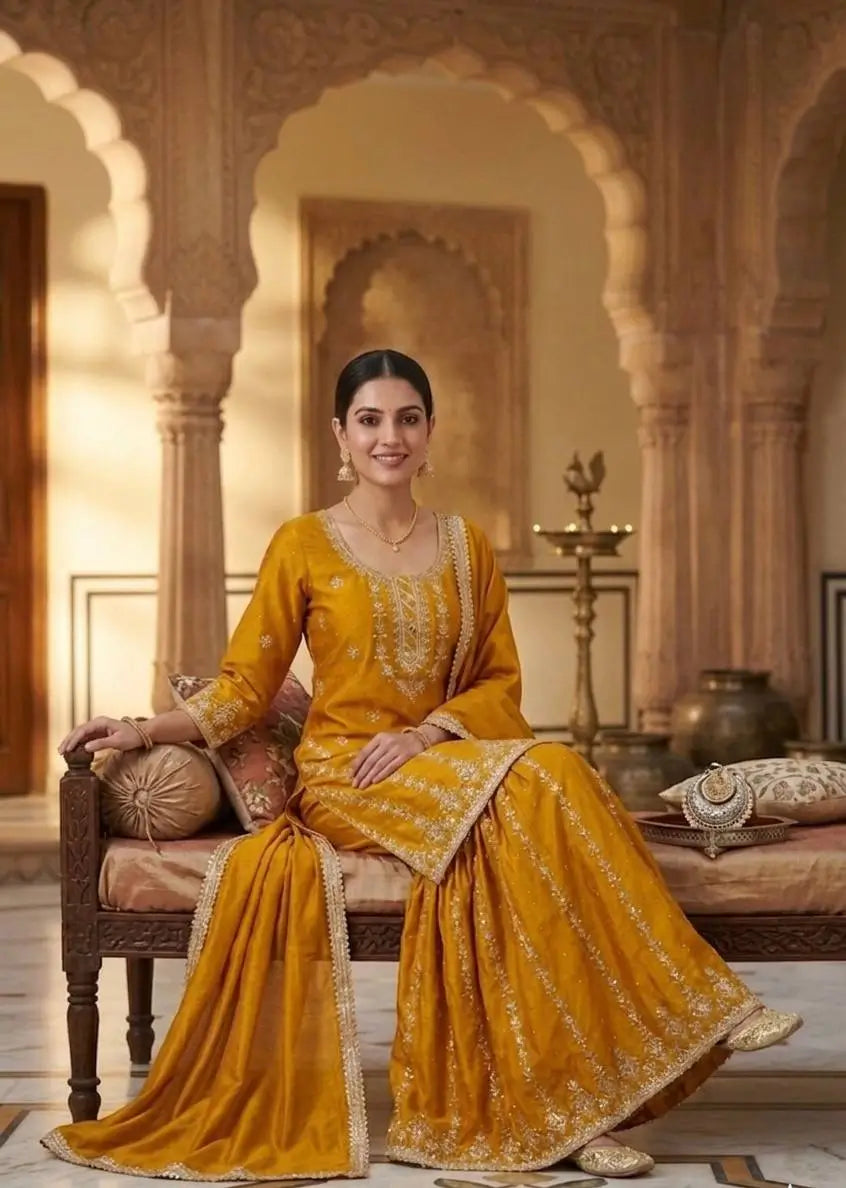 Mustard Chinnon Silk Embroidered Sharara Set