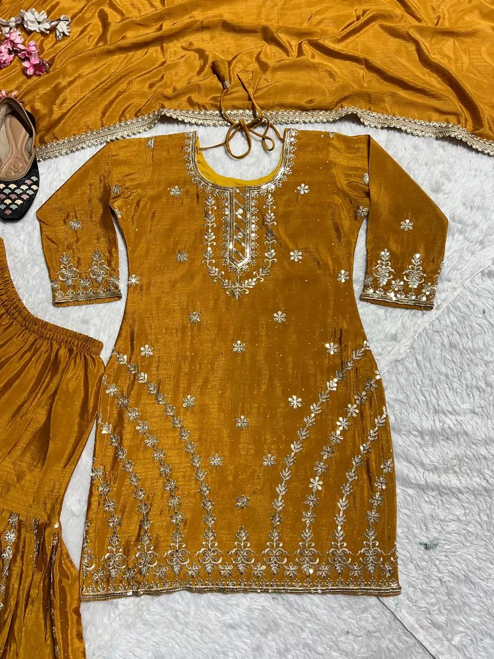 Mustard Chinnon Silk Embroidered Sharara Set