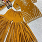 Mustard Chinnon Silk Embroidered Sharara Set