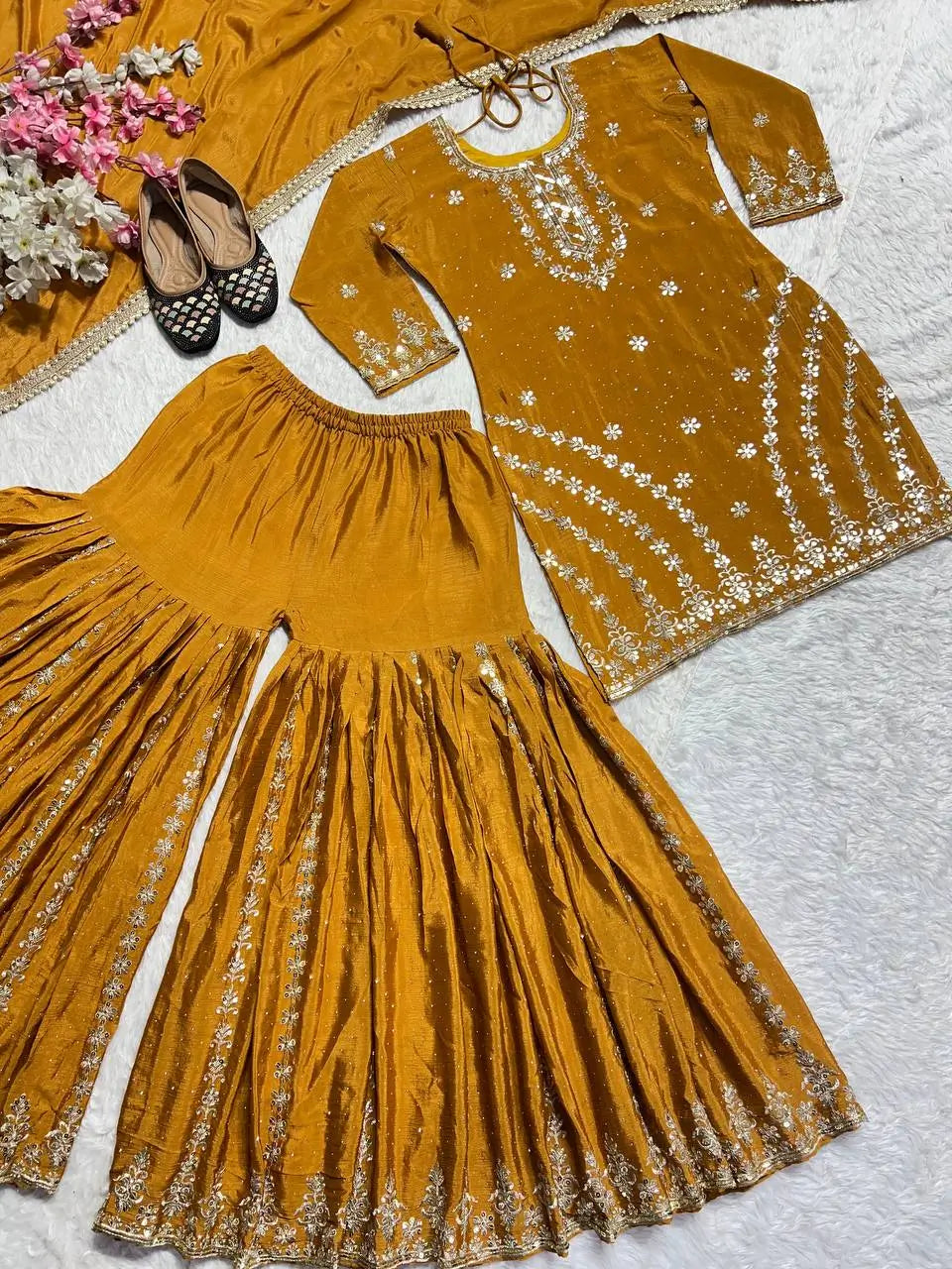 Mustard Chinnon Silk Embroidered Sharara Set