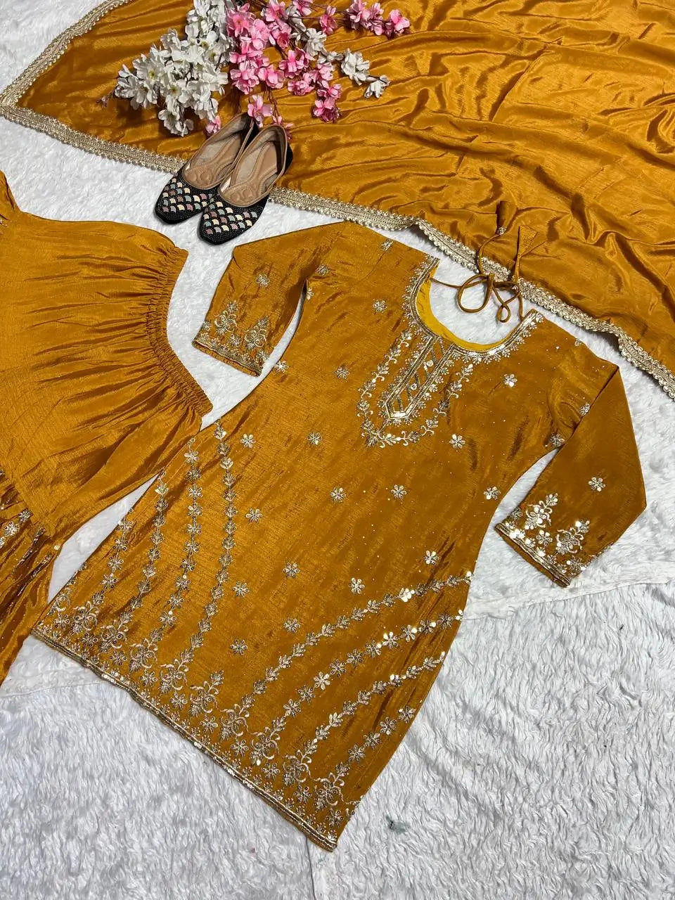 Mustard Chinnon Silk Embroidered Sharara Set