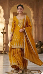 Mustard Chinnon Silk Embroidered Sharara Set