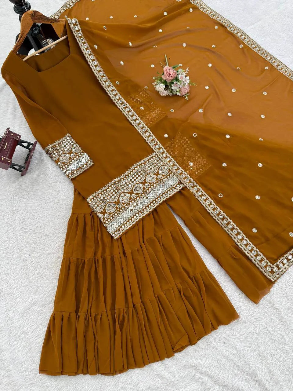Mustard Faux Georgette Sharara Suit with Embroidered Dupatta