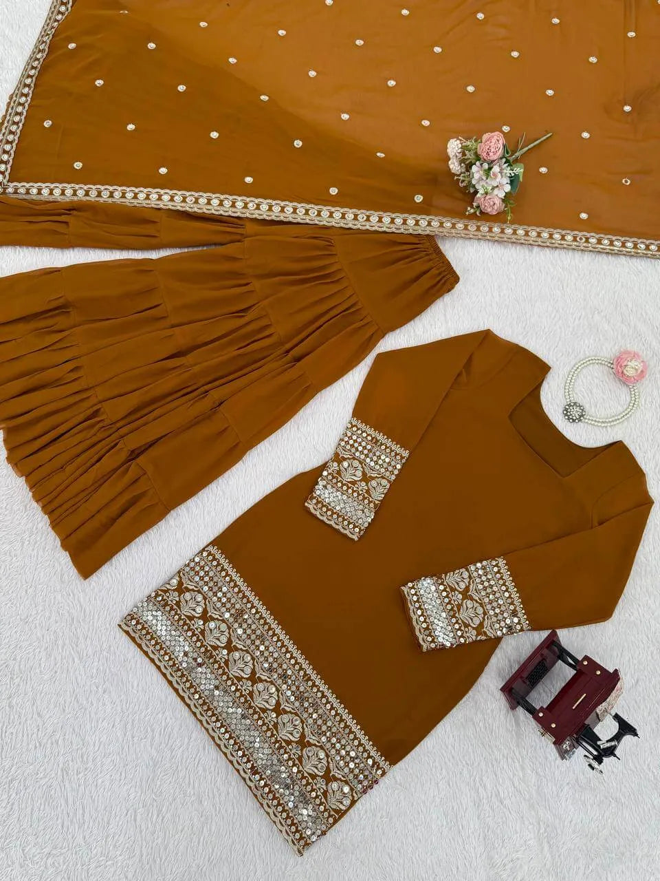 Mustard Faux Georgette Sharara Suit with Embroidered Dupatta