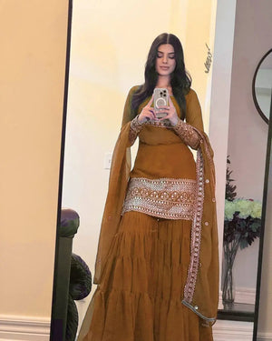 Mustard Faux Georgette Sharara Suit with Embroidered Dupatta