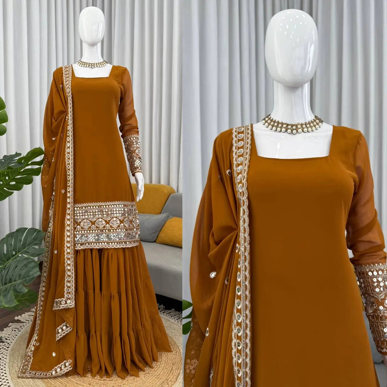 Mustard Faux Georgette Sharara Suit with Embroidered Dupatta