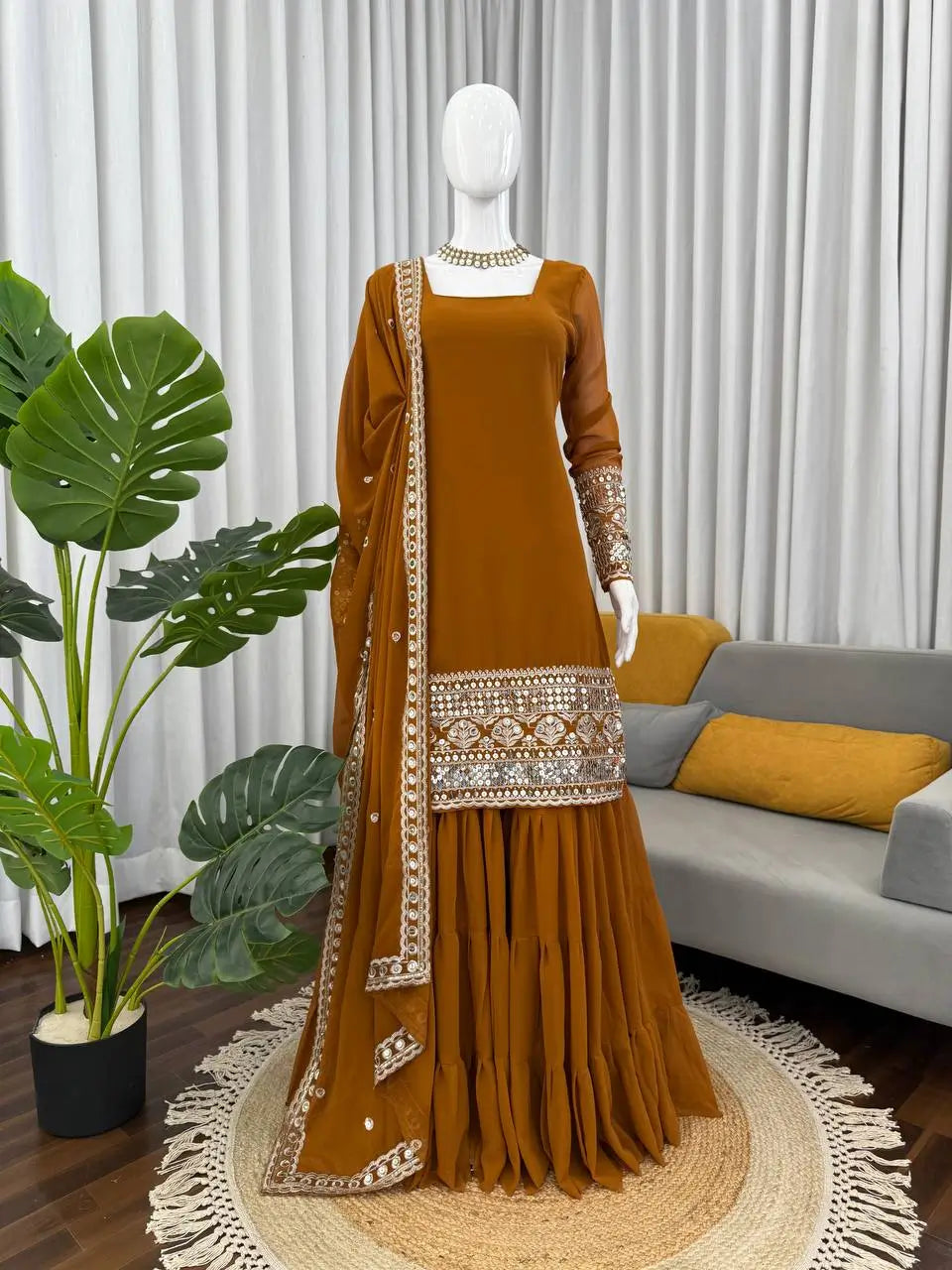 Mustard Faux Georgette Sharara Suit with Embroidered Dupatta